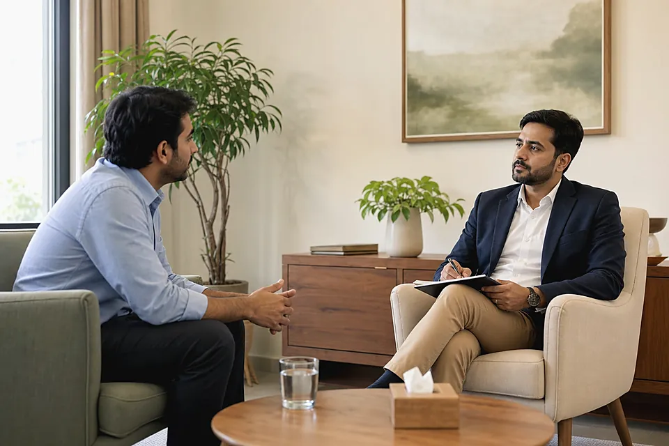 Private counselling session for addiction recovery in a calm therapy room