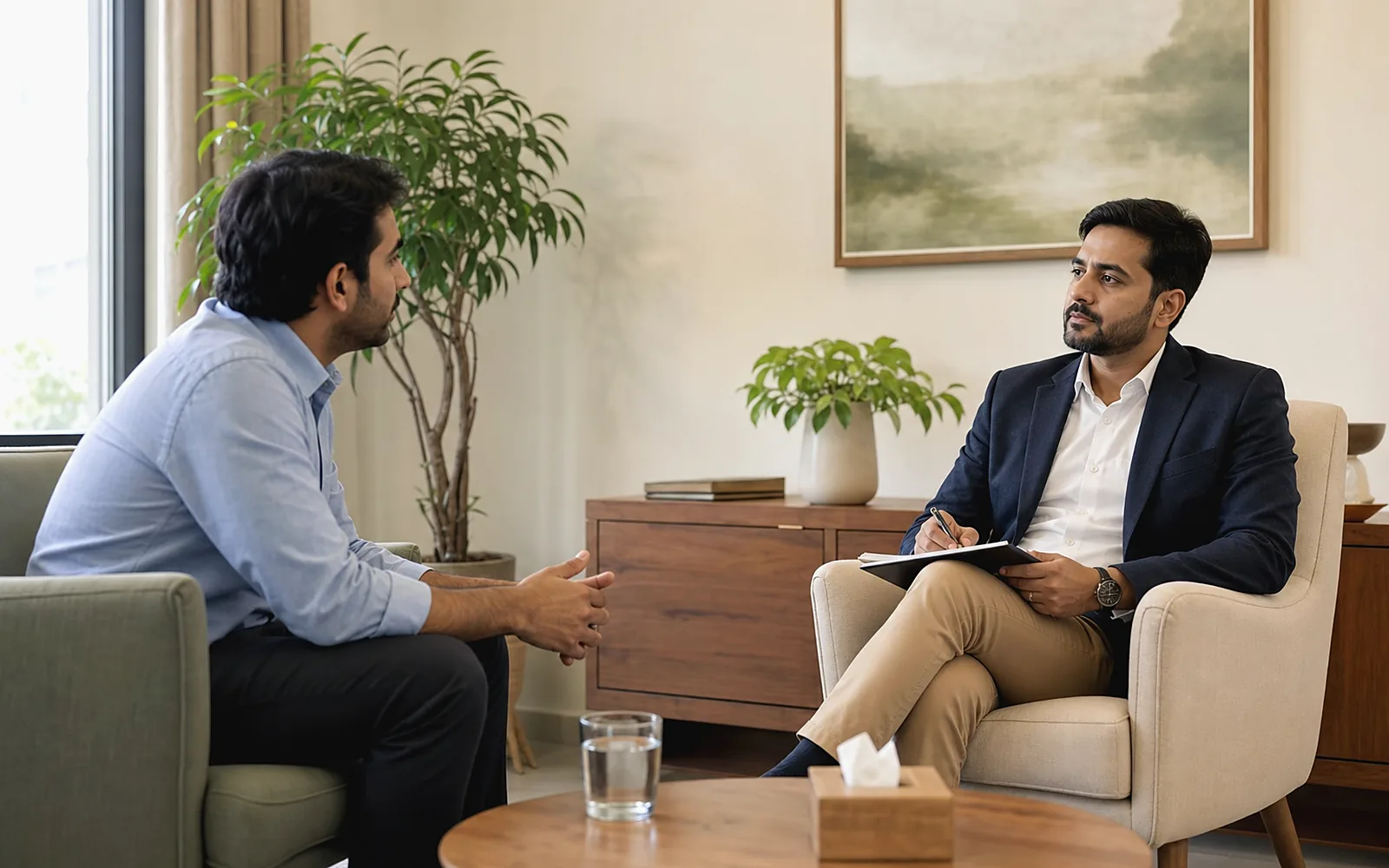 Private counselling session for addiction recovery in a calm therapy room