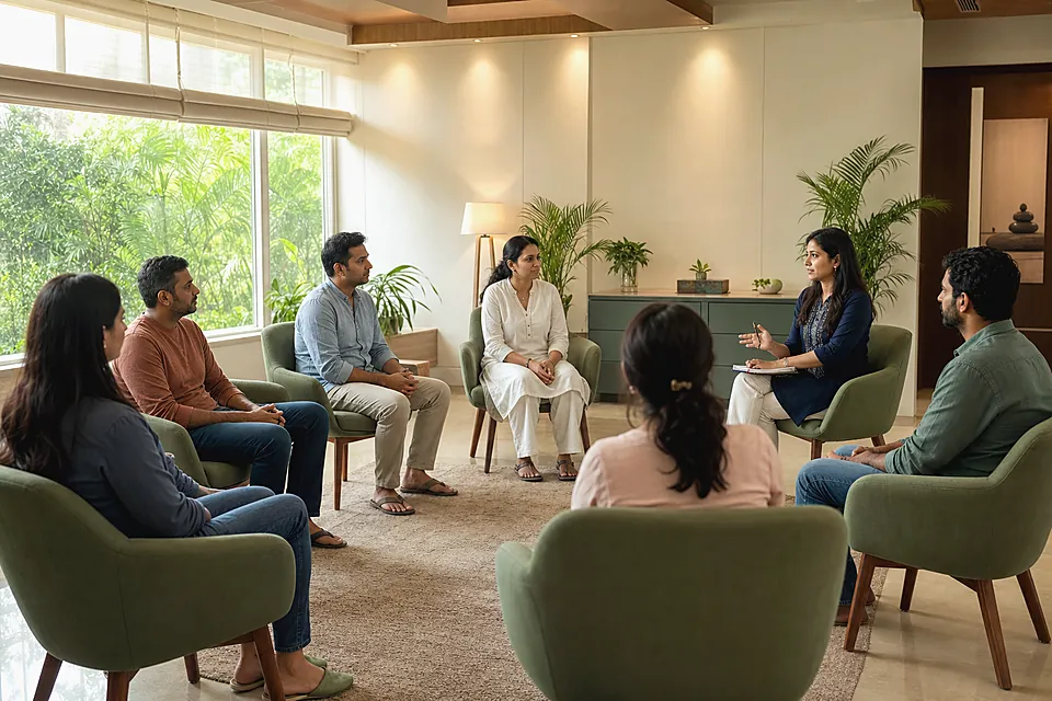 Group therapy session in a calm rehabilitation room