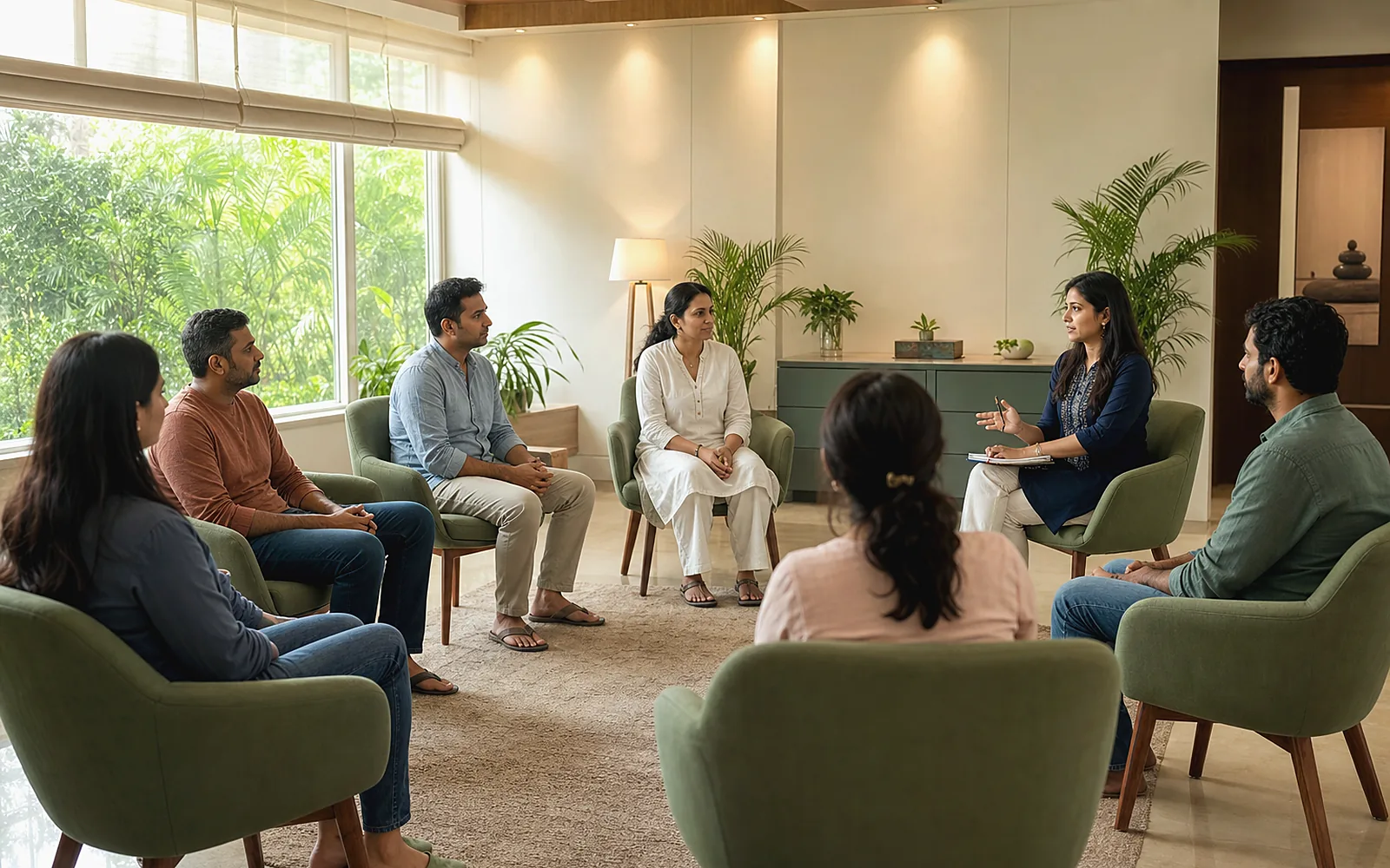 Group therapy session in a calm rehabilitation room