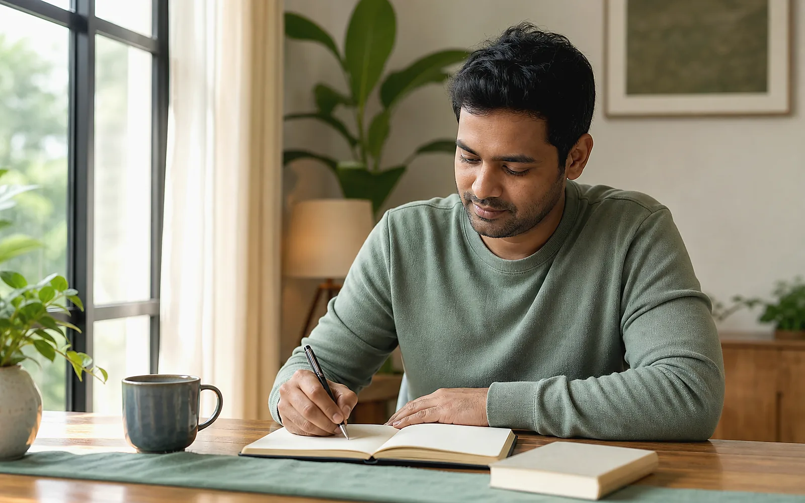Healthy recovery routine with journaling and morning reflection