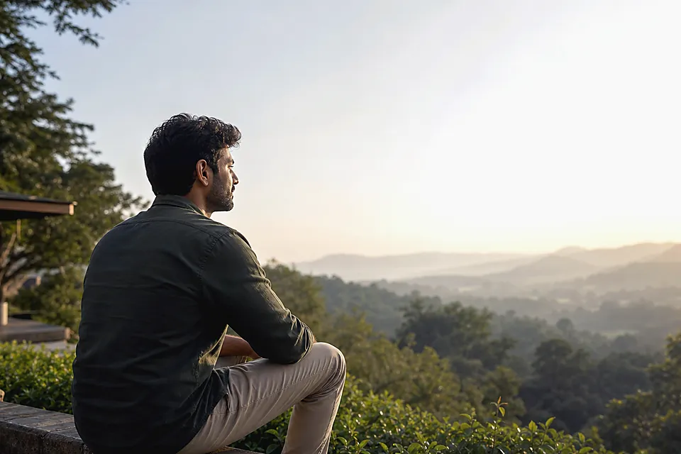 Adult in recovery looking toward a peaceful sunrise landscape