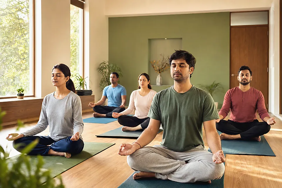 Patients practicing meditation in a peaceful wellness hall