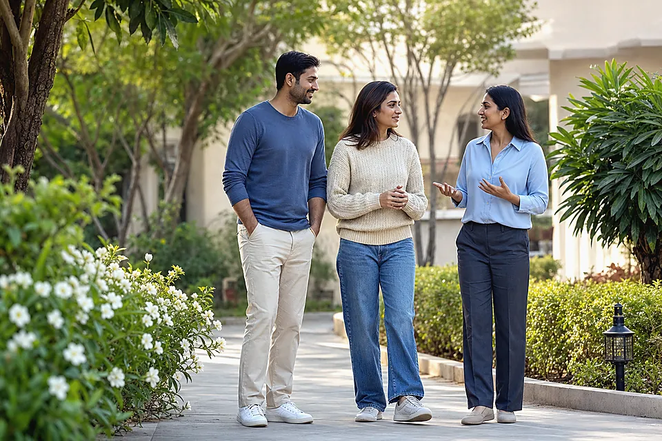 Counsellor and patients walking through a peaceful recovery garden