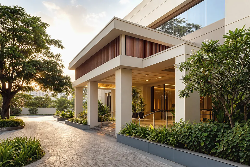 Welcoming rehabilitation centre exterior with landscaped greenery