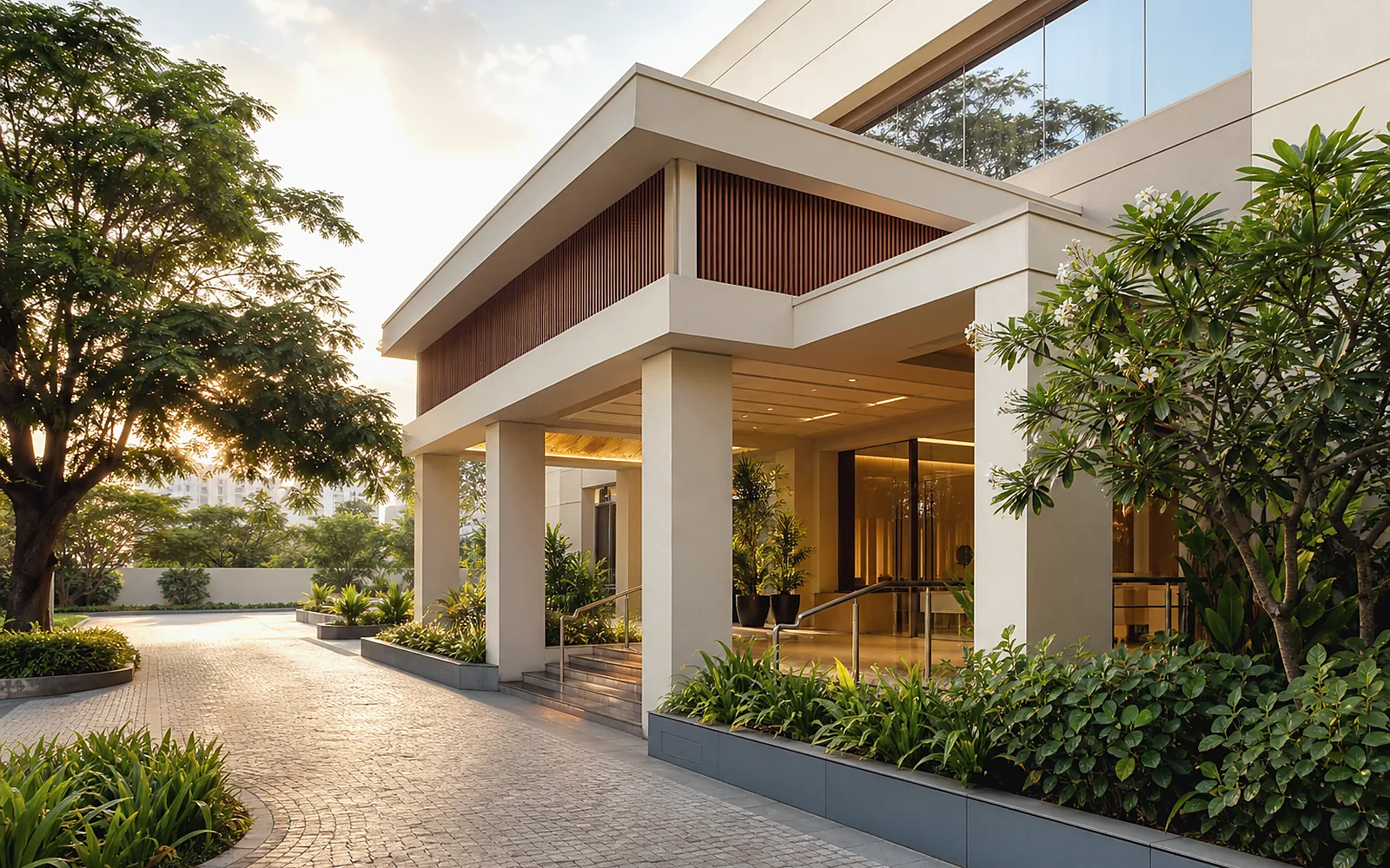 Welcoming rehabilitation centre exterior with landscaped greenery